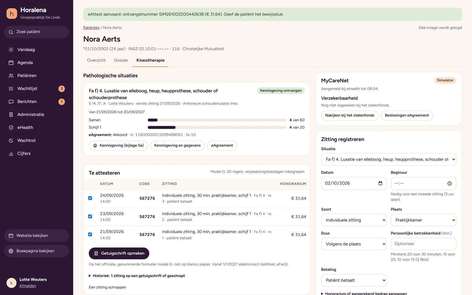 Een Fa-situatie met akkoord via eAgreement en de melding dat een eAttest aanvaard werd, met ontvangstnummer, in de simulator van MyCareNet.